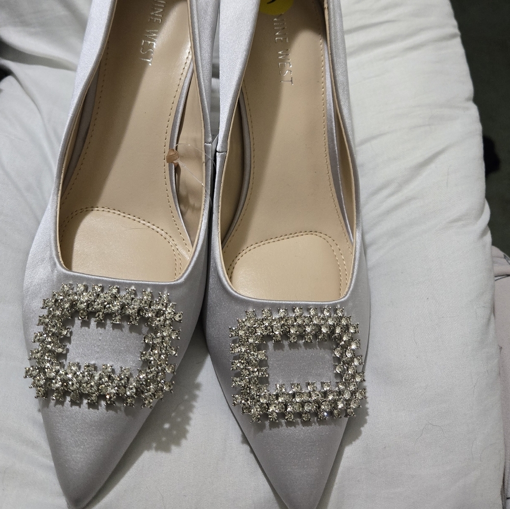 NineWest Satin Embellished Square Layered Rhinestones  Pump